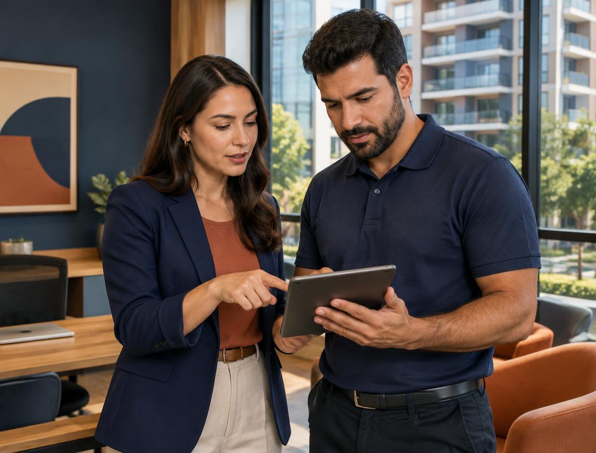 Gestora imobiliária e profissional Resolve analisando solicitações em um tablet